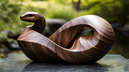 Wooden snake sculpture placed on a stone pedestal in a garden, representing elegance and craftsmanshipの素材