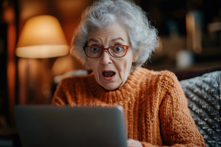 Amazed elderly lady staring at laptop with shocked expression, surprised by unexpected news or unbelievable offerの素材