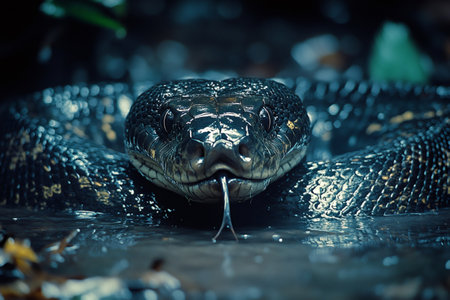Scary black snake flicking forked tongue in dark swampの素材
