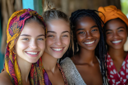 Four diverse female models are posing together, showcasing their beauty and cultural diversityの素材