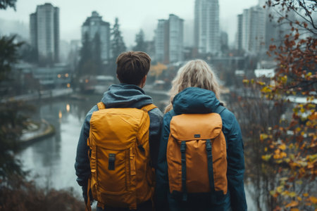 Two tourists with backpacks admiring Vancouver cityscape in autumnの素材