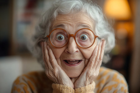 Portrait of a surprised grandmother with round eyeglasses holding her cheeks, expressing astonishment and joyの素材