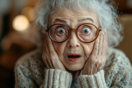 Surprised senior woman wearing eyeglasses holding her cheeks with hands and opening mouthの素材