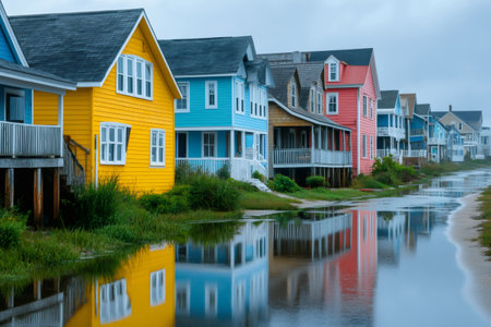 Colorful houses reflecting in a flooded street on a cloudy dayの素材
