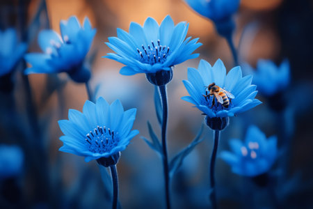 Honey bee pollinating vibrant blue flowers in a sunny field, showcasing the beauty of nature and the importance of pollinationの素材