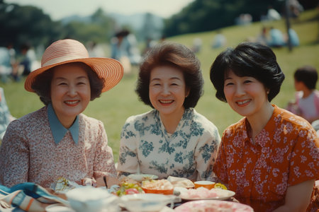 Three japanese women smiling and enjoying a picnic in a park, surrounded by food and good company, during a sunny summer dayの素材