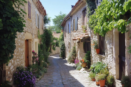 Charming narrow cobblestone street passing between stone houses with flowers and plants in pots in a picturesque French villageの素材