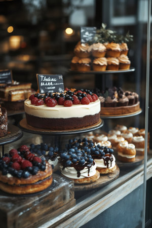 Variety of cakes with different toppings displayed in a bakery window, tempting customers with their delicious appearanceの素材