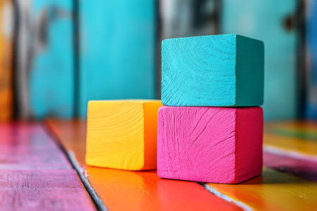 Colorful wooden cubes arranged on a multicolored wooden surface, creating a playful and artistic sceneの素材