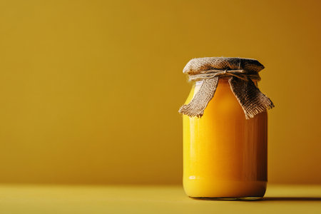 Glass jar full of honey closed with rustic fabric cover and string, on yellow background representing healthy food and organic ingredientsの素材