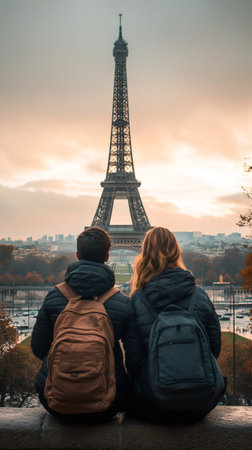 Two young tourists with backpacks enjoying sunset view of Eiffel Tower in Paris, Franceの素材