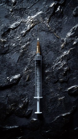 Empty syringe laying on dark rock background representing drug addiction issues and illegal substance abuseの素材
