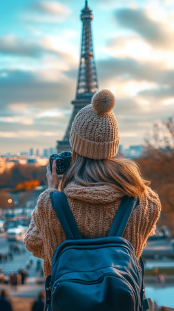 Photographer with backpack and wool cap taking pictures of Eiffel Tower in Paris during sunsetの素材