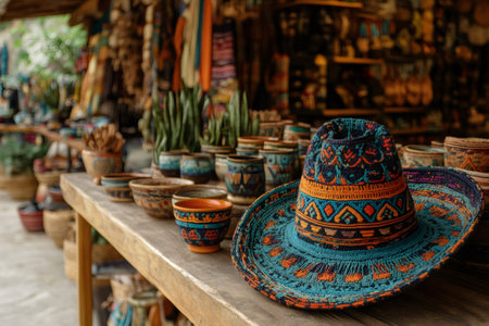 Vibrant handmade hat rests on a wooden table amidst a display of traditional pottery, showcasing the artistry of local craftsの素材