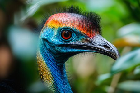Cassowary bird with colorful plumage on neck and head in natural environmentの素材