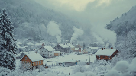 Smoke is coming out of the chimneys of houses in a snowy mountain village during winterの素材
