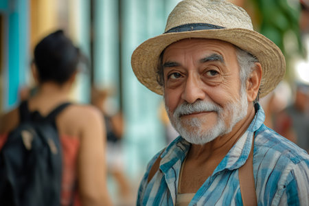 Portrait of confident Cuban senior man wearing straw hat looking at cameraの素材