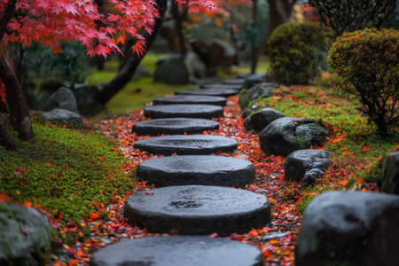 Wet stone path with colorful fallen leaves in a peaceful Japanese garden during fall seasonの素材
