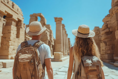 Tourists with backpacks walking at Kom Ombo Temple in Egypt are exploring ancient ruins during sunny summer dayの素材
