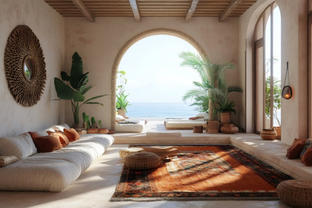Sunlight illuminating a relaxing bohemian style living room overlooking the ocean in a beach houseの素材