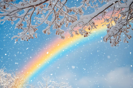 Snow falling from snow-covered branches with a bright rainbow in a clear blue skyの素材