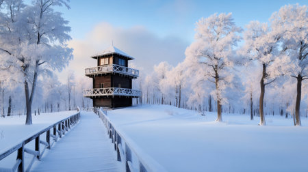 Snow covered watchtower in winter forest with a wooden walkway leading to itの素材