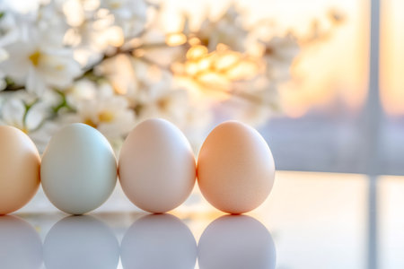 Four colorful easter eggs are displayed on a white reflective surface, with a soft sunset glow and delicate white flowers creating a serene backdropの素材