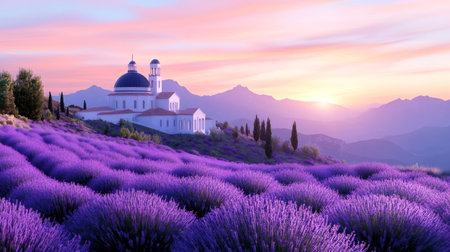 Scenic landscape showcasing vibrant lavender field, elegant church, and majestic mountains bathed in golden sunrise lightの素材