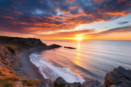 Beautiful and dramatic sunrise illuminating rocky coast and ocean with breaking wavesの素材