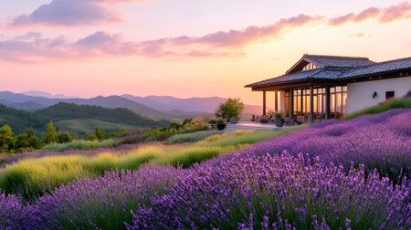 Blooming lavender field in front of a modern house at sunset with a mountain landscape in the backgroundの素材