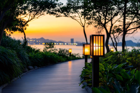 Tranquil boardwalk illuminated by lanterns at sunset, creating a peaceful ambiance with city lights in the distanceの素材