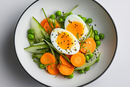 Healthy and nutritious salad with boiled eggs, cucumber, carrots and peas seasoned with black sesame seeds in a bowlの素材