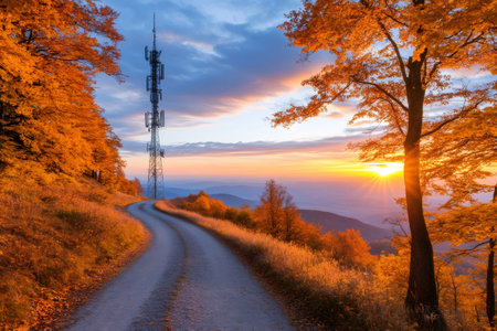 Scenic view of a winding road amidst colorful autumn foliage, leading to a telecommunication tower against a vibrant sunset backdropの素材