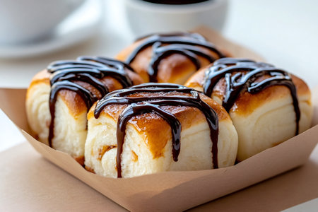 Freshly baked sweet rolls topped with chocolate sauce, creating a tempting treatの素材