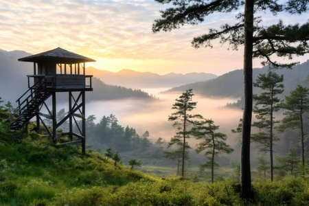 Scenic view of a wooden watchtower in the mountains overlooking a foggy valley at sunriseの素材