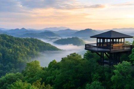 Observation tower overlooking the foggy Appalachian Mountains at sunrise in Western North Carolinaの素材