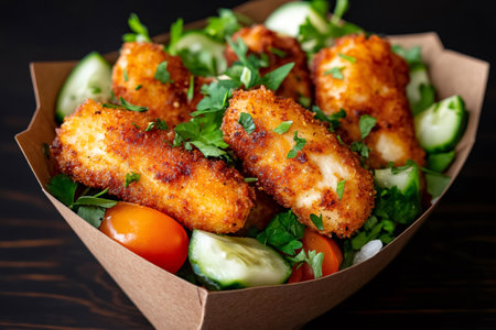 Delicious fried mozzarella sticks served with fresh salad of cucumber, tomatoes and parsley in a takeaway paper boxの素材