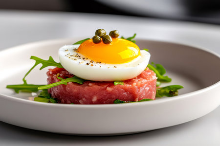 Gourmet beef tartare served with poached egg, capers and fresh arugula, creating a visually appealing and delicious culinary experienceの素材