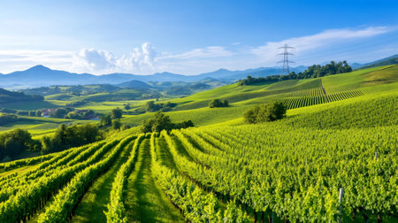 Scenic view of beautiful green vineyards in summer, a peaceful and picturesque agricultural landscapeの素材