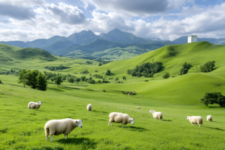 Flock of sheep grazing peacefully on a lush green pasture in rural Slovakia, with the majestic Tatra Mountains and the historic Liptov Castle adding to the scenic beautyの素材