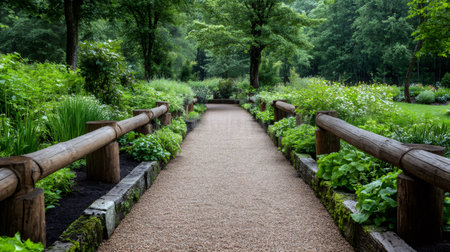 Serene botanical garden path with wooden fence and lush green foliage creating a peaceful atmosphereの素材