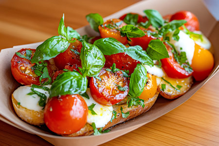 Delicious bruschetta with mozzarella, colorful tomatoes and basil leaves resting on a wooden tableの素材