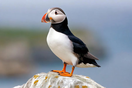 Colorful puffin with orange beak and feet standing on a rock near the oceanの素材