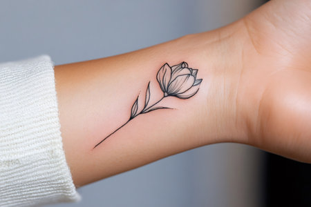 Minimalist tattoo of a single flower stem graces the inner wrist of a personの素材