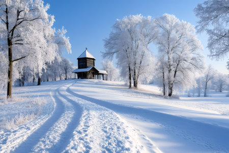 Snow covered road leading to a wooden chapel on a hill in a beautiful winter landscapeの素材