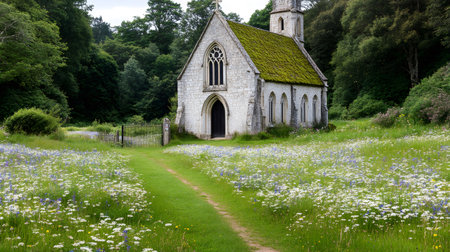 Tranquil scene of St Catherine's Chapel with its moss-covered roof, nestled in a field of wildflowersの素材