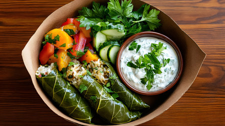 Dolmas, a traditional dish of the Mediterranean and middle eastern cuisine, served with rice, vegetables and tzatziki sauceの素材