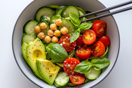 Vegan buddha bowl with zucchini noodles, avocado, chickpeas, tomatoes and basil seasoned with salt and pepper, healthy and balanced nutritionの素材