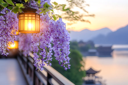 Beautiful wisteria flowers and traditional lanterns hanging over West Lake at sunset in Hangzhou, China, creating a peaceful and enchanting sceneの素材