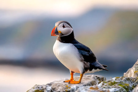 Beautiful puffin standing on a rock near the sea at sunsetの素材